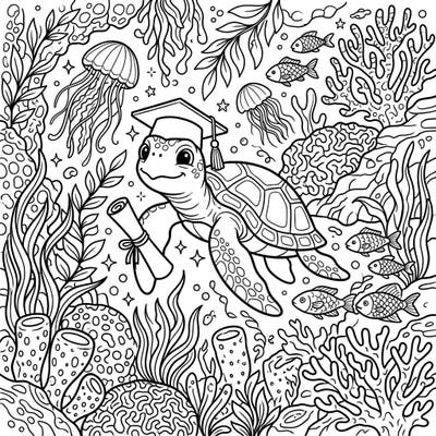 Dive into celebration with this unique coloring page featuring a proud sea turtle in a graduation cap, holding its well-earned diploma! Explore a bustling underwater world filled with jellyfish, coral, and vibrant marine life, all awaiting your creative touch.