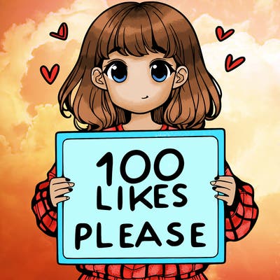 a girl holding a sign saying 100 likes please