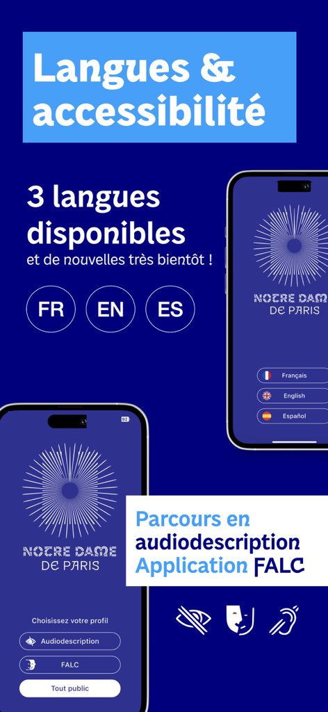 Cathédrale Notre-Dame de Paris - Interface of the Notre-Dame de Paris app showing support for English Spanish and French plus accessibility features like audio description.