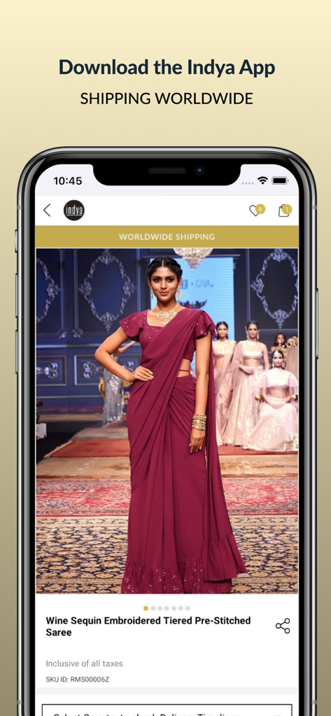 Indya Women Indian Wear Online - モデルにワインカラーのプレスティッチドサリーをフィーチャーしたIndyaアプリを示すスマートフォン画面