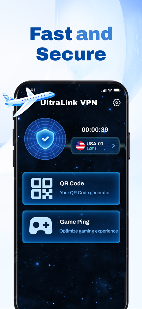 VPN  - UltraLink ℠ - 게임 최적화 기능을 갖춘 미국 서버에 대한 보안 연결을 보여주는 UltraLink VPN 인터페이스