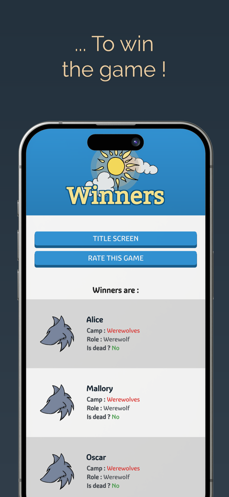 Mobile Werewolf - Mobile Werewolf game winners screen displaying the winning players list
