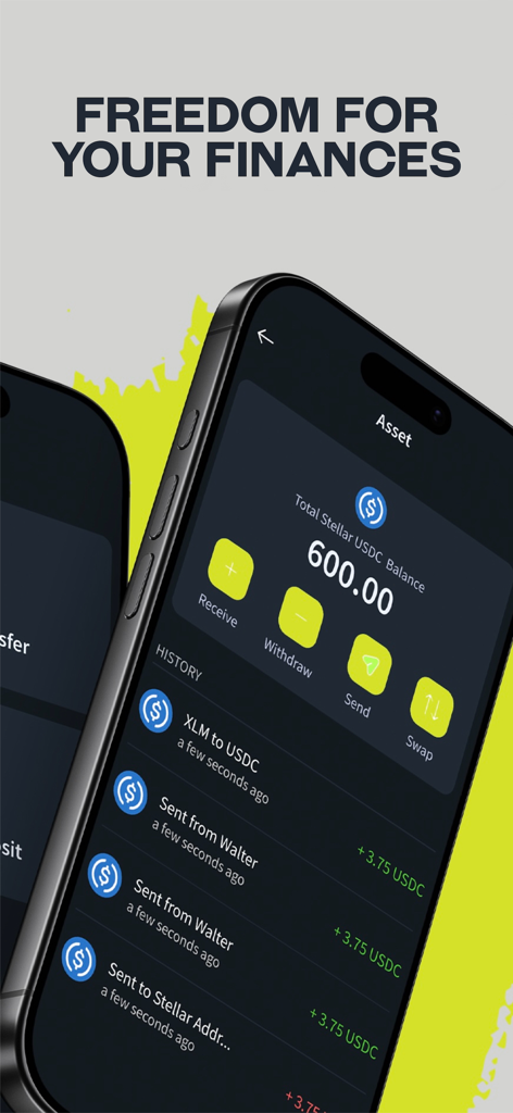 Freedom Pay Wallet - Freedom Pay Wallet mobile app interface showing a 600 USDC balance and a history of recent transactions.
