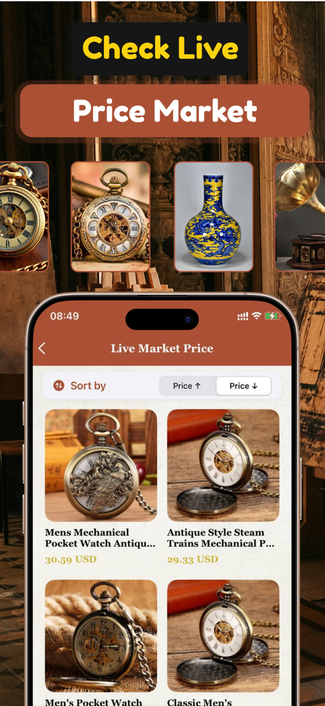 Antique Identifier Value by AI - Mobile app interface showing live market prices for antique pocket watches and collectibles