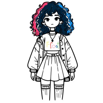 girl with curly hair, crop-top shirt and a jacket with long socks and a skirt and a necklace