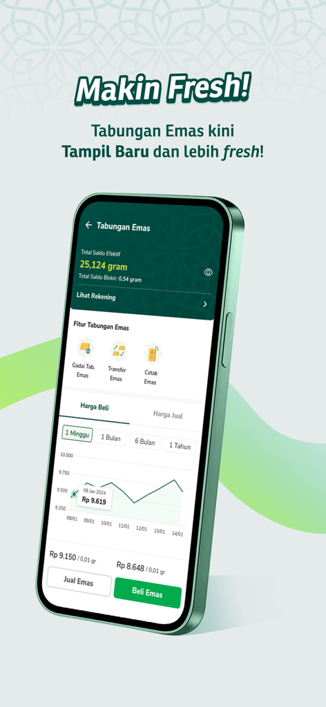 Pegadaian Syariah Digital - Pegadaian Syariah Digitalアプリのインターフェース。金貯蓄残高と投資価格チャートを表示。