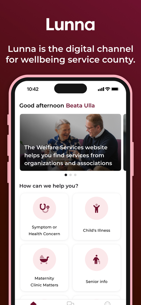 Lunna digital platform - Home screen of the Lunna digital platform showing healthcare and social service options like symptom check and child illness