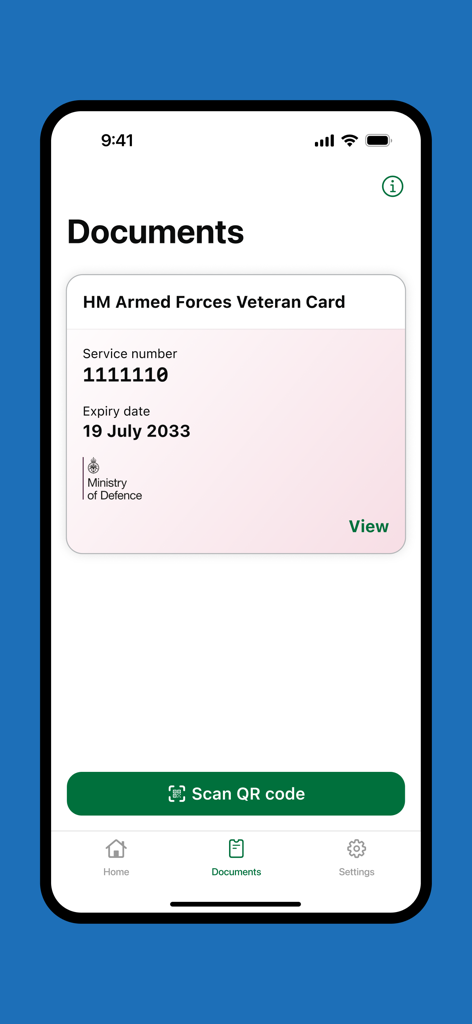GOV.UK One Login - GOV.UK One Login 앱에서 문서 섹션에 디지털 HM 의무군 베테랑 카드가 표시되는 스크린샷.