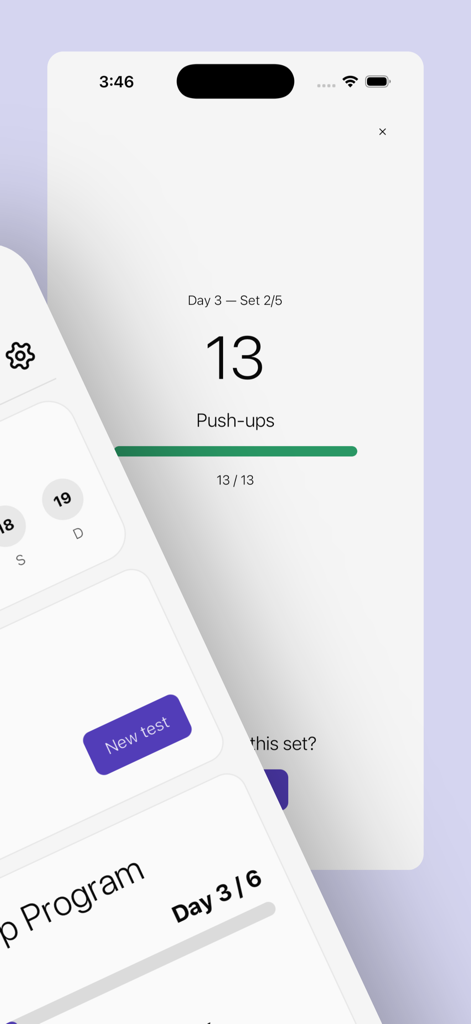 Daily Push mobile app interface showing push up counter and workout set progress