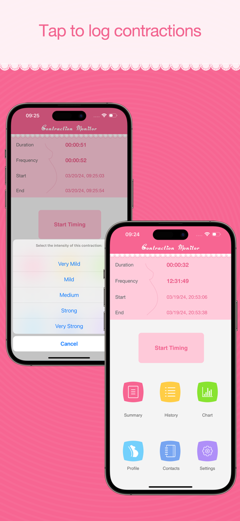 Contraction Monitor Pro - Mobile application interface for tracking labor contraction duration and intensity