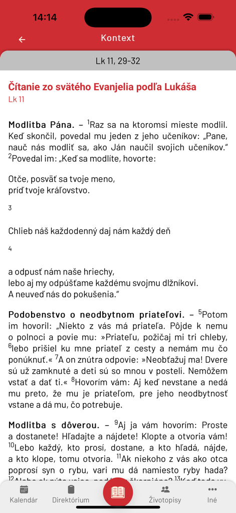 Liturgické čítania - Slovak mobile app interface displaying liturgical scripture readings from the Gospel of Luke