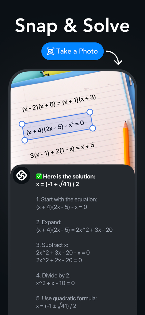 Interfaz del solucionador de matemáticas IA proporcionando soluciones paso a paso a partir de una foto de una ecuación escrita a mano.
