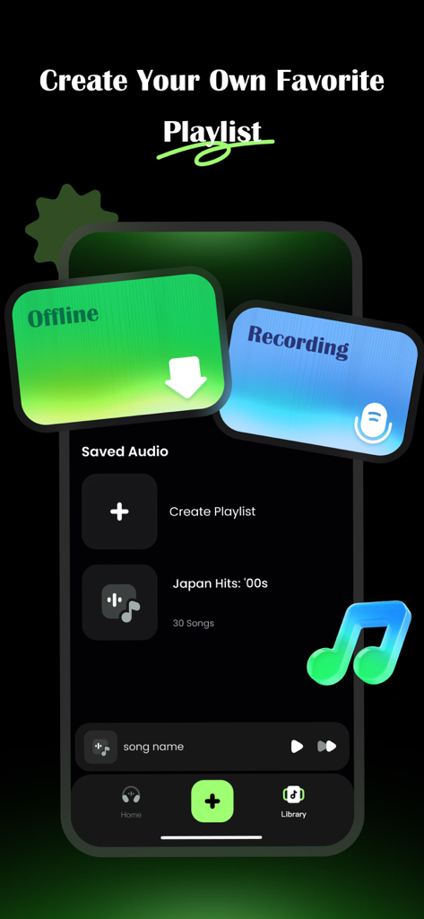 Mixio Music-Music Mixer - Mobile app interface for creating and managing custom music playlists with offline and recording options