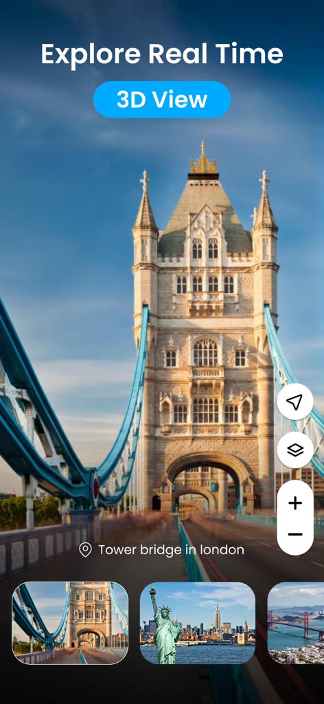 EarthX: 3D Map & Nearby Places - Interface do aplicativo EarthX mostrando uma visão panorâmica 3D da Tower Bridge em Londres com opções para explorar outros marcos mundiais