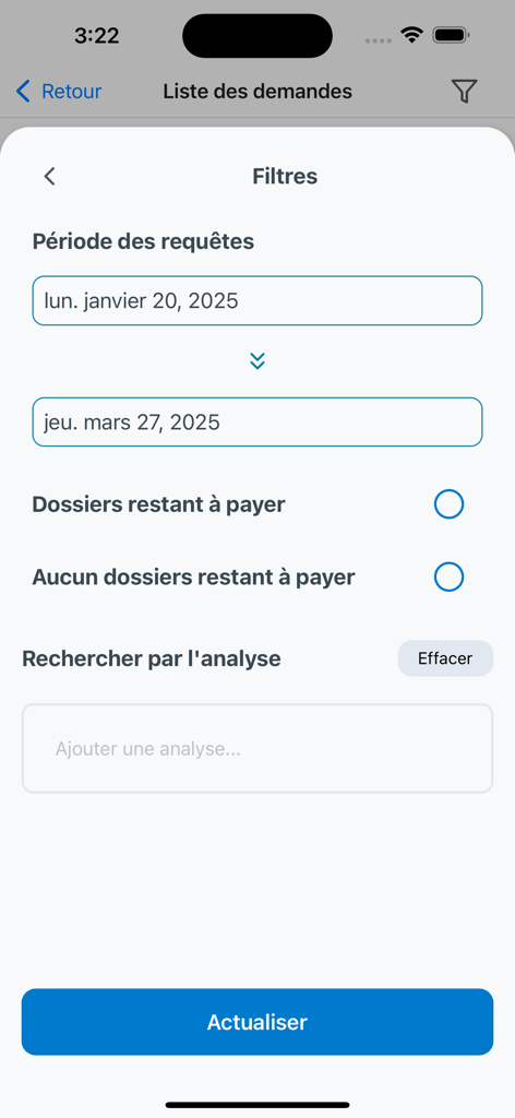 Interface de filtro para solicitações de testes de laboratório médico no aplicativo SMART BM
