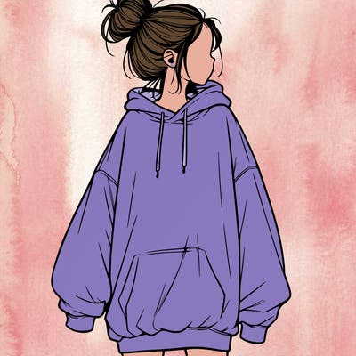 realistic girl with a oversized sweatshirt on and a bun