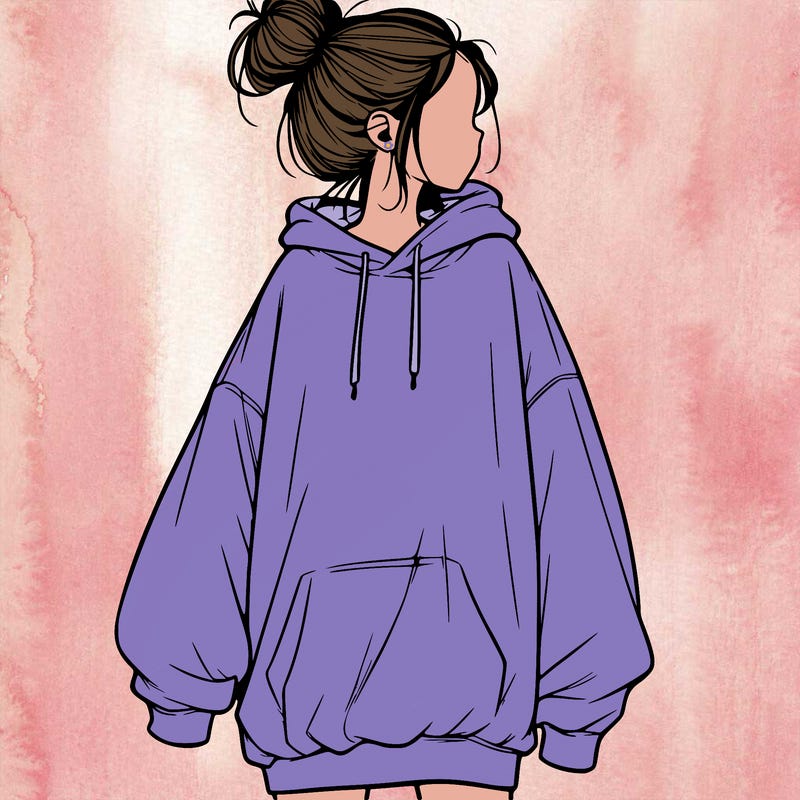 realistic girl with a oversized sweatshirt on and a bun