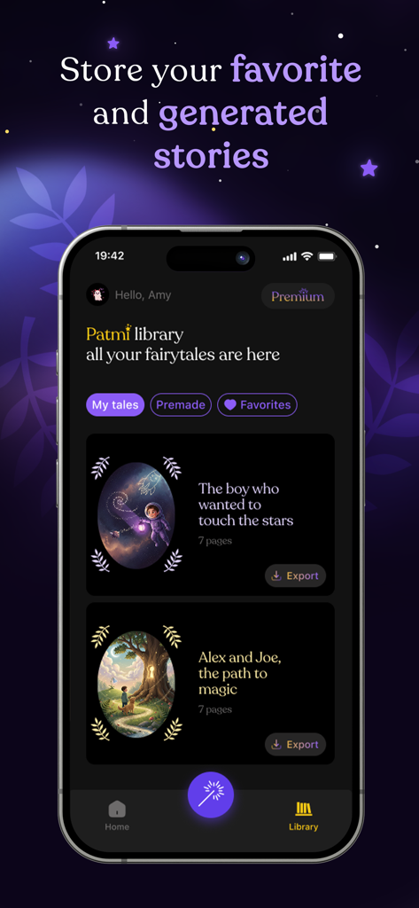 Patmi: AI Storyteller for Kids - A mobile interface showing the Patmi app library with personalized and favorite children stories