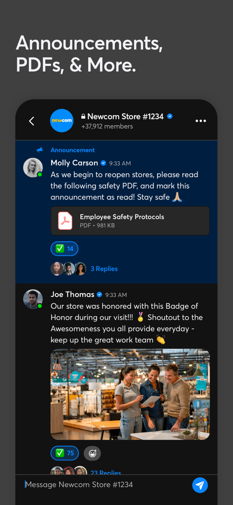 Shyft - Shift Swap, Schedule - Shyft App Benutzeroberfläche zeigt Geschäftsankündigungen und Team-Nachrichten an.