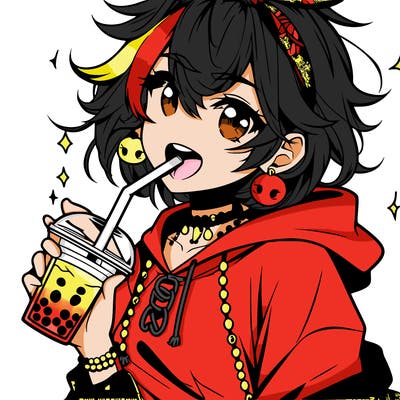 hot baddie anime girl drinking boba and biting the straw
