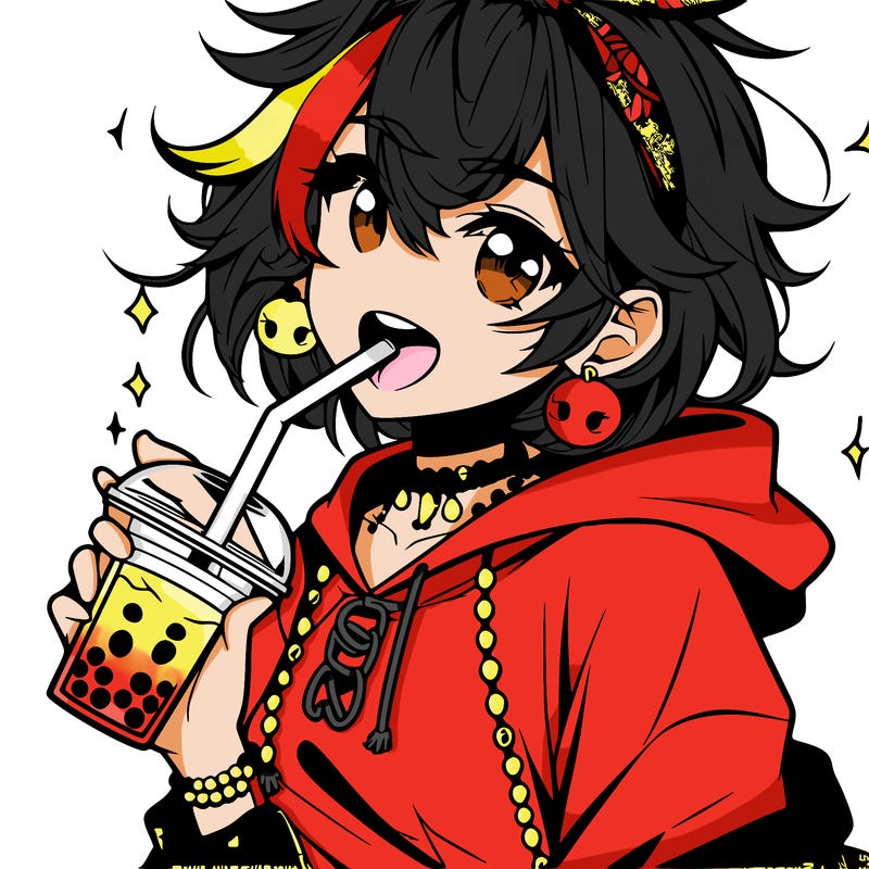 hot baddie anime girl drinking boba and biting the straw