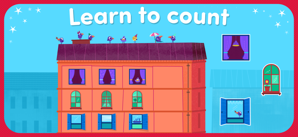 Educational counting activity for toddlers in the Match2 app featuring birds on a building