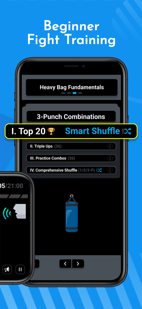 PRO BOXING: Training & Fitness - Pantalla de smartphone que muestra entrenamiento de boxeo para principiantes y ejercicios de entrenamiento de saco pesado