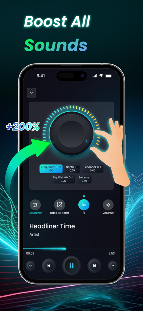 Bass Booster & Equalizer Music - Interfaz de la aplicación móvil que muestra un dial de aumento de volumen del 200 por ciento y ajustes de efectos de sonido
