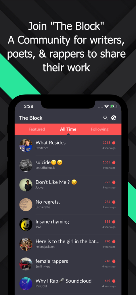 Screenshot of The Block social community in the Rhymer's Block app where writers and rappers share their work