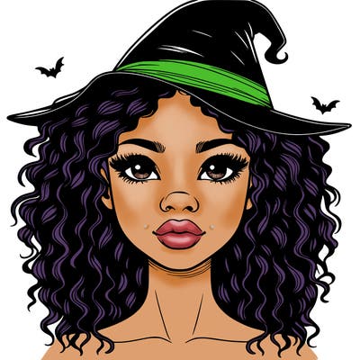 realistic black girl with wavy hair and witch hat and nose and lips