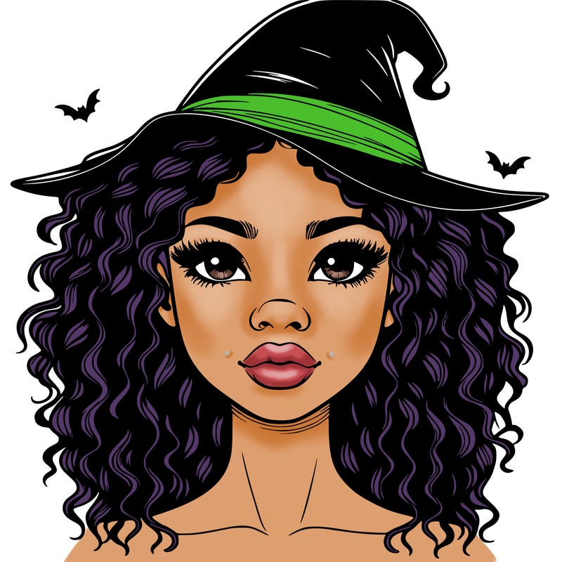realistic black girl with wavy hair and witch hat and nose and lips
