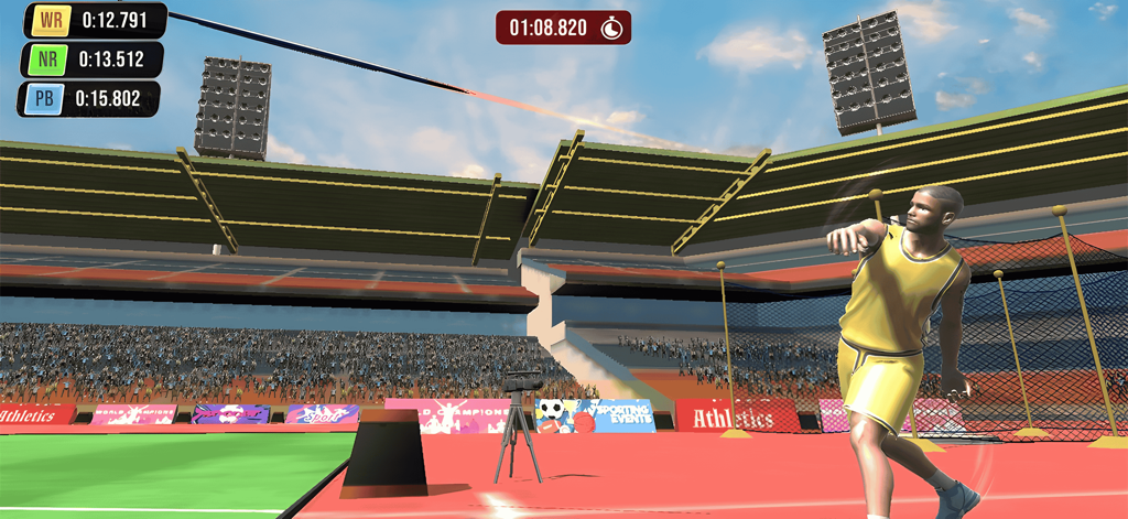 Un athlète en uniforme jaune lance un javelot dans un stade bondé lors d'une compétition sportive mondiale.