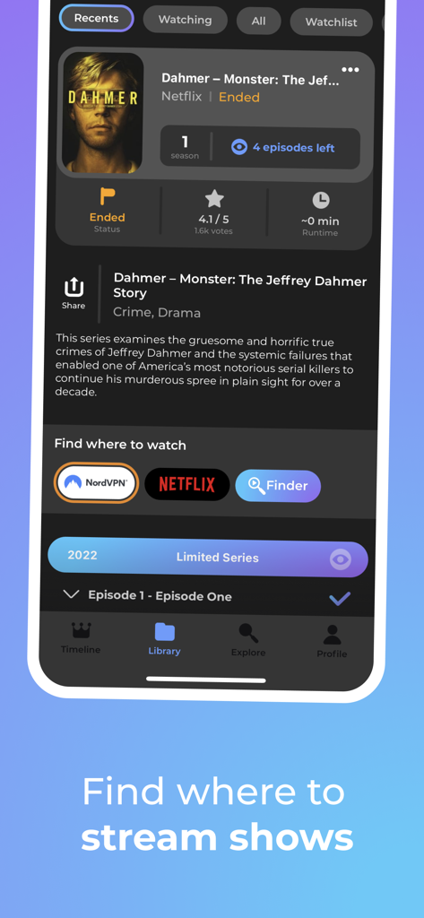 Watched - Track What You Watch - Capture d'écran de l'application Watched montrant les détails d'une série TV et où la regarder en streaming.