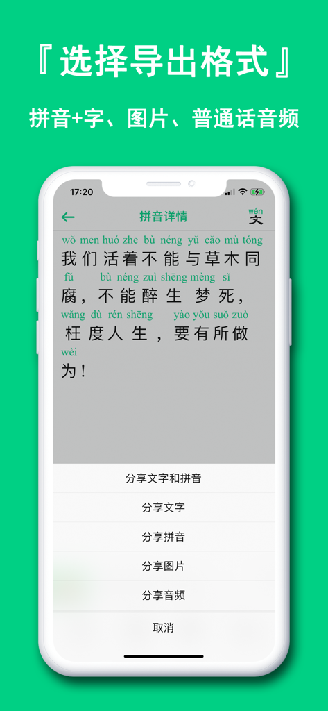 汉字拼音助手-学汉字普通话识字注音App - Eine mobile App-Oberfläche, die Optionen zum Exportieren und Teilen von chinesischem Text mit Pinyin als Textbild oder Audio zeigt
