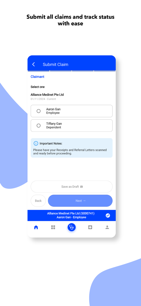 Interfaz de la aplicación Cigna Care Connect que muestra el proceso para enviar reclamaciones médicas y elegir entre reclamantes empleados o dependientes