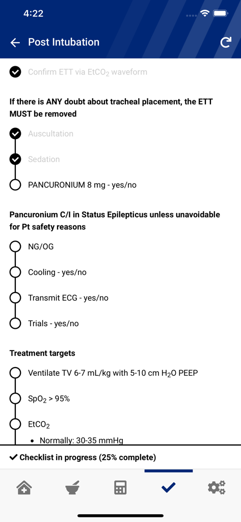 AV CPG - The AV CPG app displaying a clinical checklist for post-intubation care