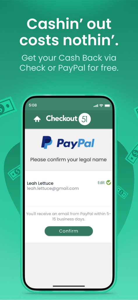 Interfaz de la aplicación Checkout 51 que muestra una pantalla de confirmación de retiro a PayPal con detalles del usuario y un botón de confirmar.