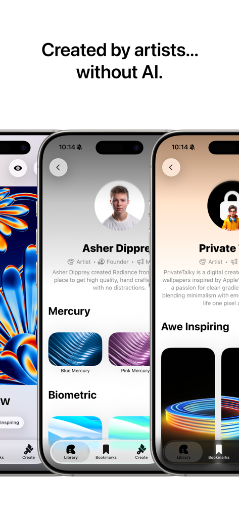Radiance Wallpapersアプリのインターフェース。AIアートではないことを強調した、アーティストプロフィールと手作りの壁紙コレクションを表示しています。