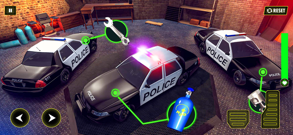 Three police cars in a garage with upgrade icons for engine repairs and nitro boosts