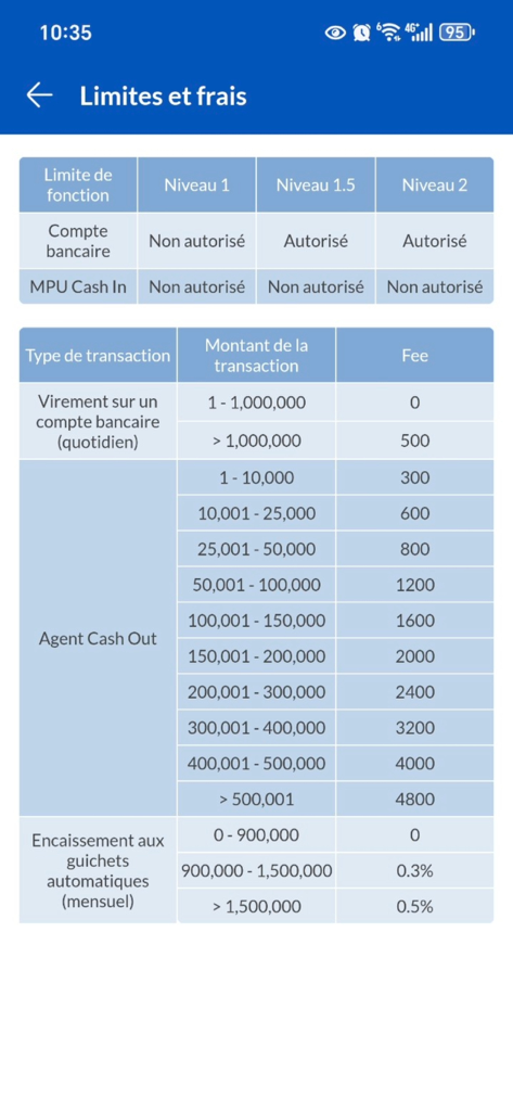 Moov Money TG Pro - A table in the Moov Money TG Pro app showing transaction limits and service fees for different account levels and services.