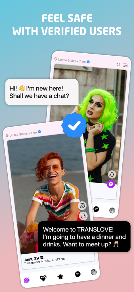 TRANSLOVE - Transgender Dating - Interface de l'application Translove montrant des profils avec des badges de vérification bleus et des bulles de chat pour des rencontres sécurisées