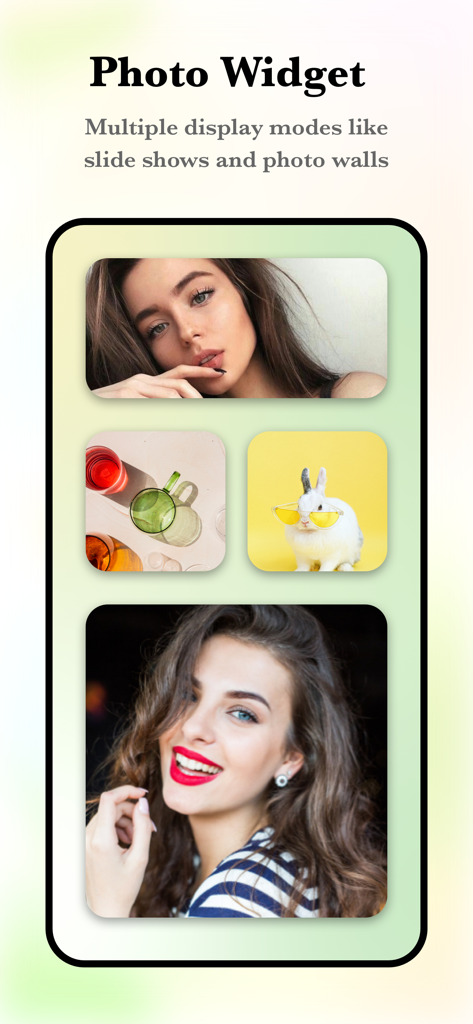 Interfaz de la aplicación Coco Widgets para widgets de fotos que muestra estilos de presentación de diapositivas y muro de fotos
