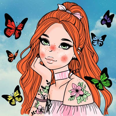 realistic girl with butterflies