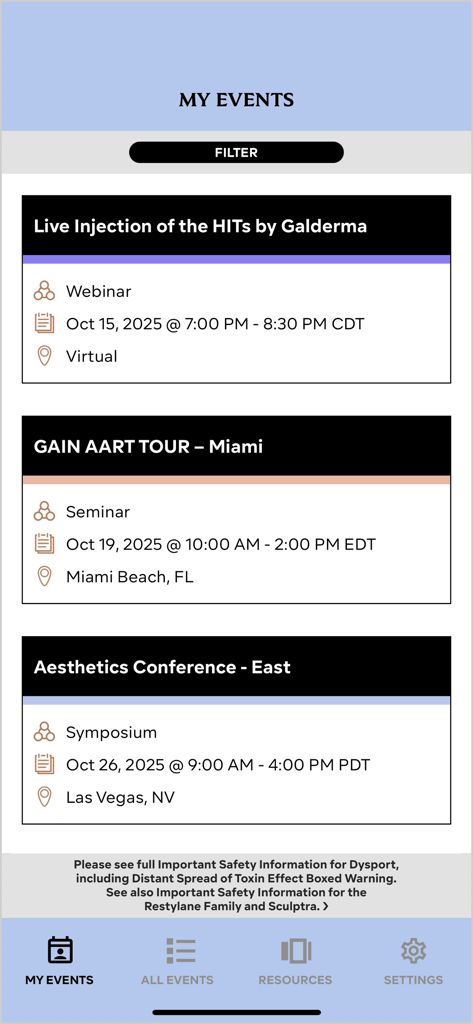 Galderma GAIN app - Uma lista de eventos de treinamento em estética médica e webinars agendados no aplicativo Galderma GAIN para praticantes
