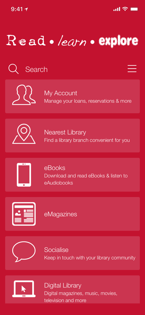 Cork City Libraries - Cork City Libraries mobile app home screen showing a search bar and menu options for account management, library locations, and digital resources.