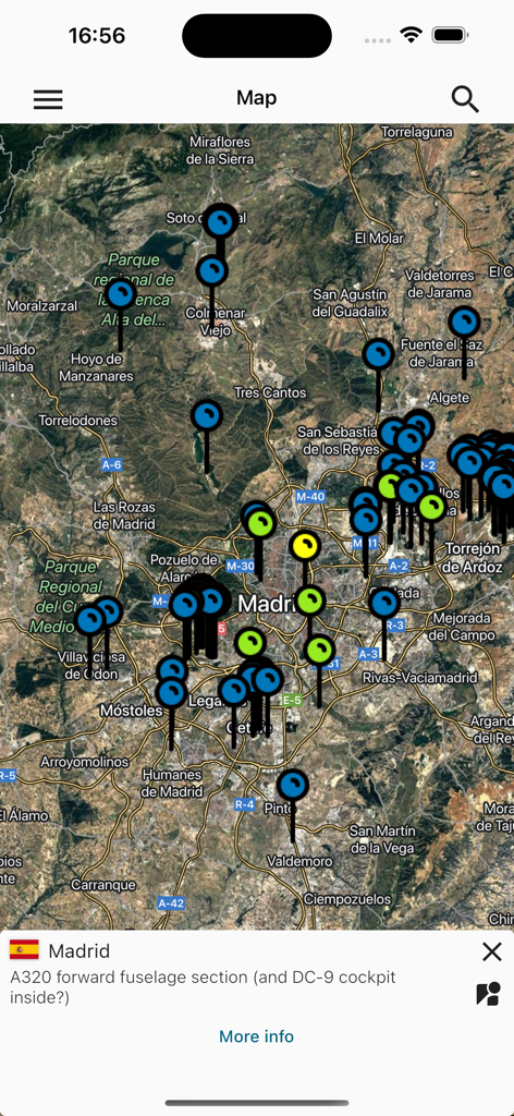 Wrecks & Relics - Map view in the Wrecks and Relics app showing aircraft spotter locations in Madrid.