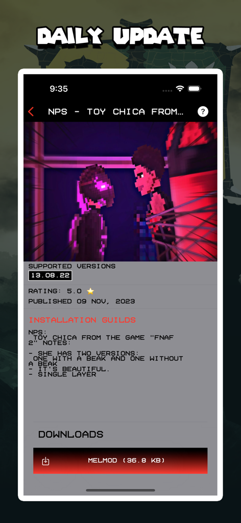 Mods Hub for Sandbox Games - Screenshot of a character mod download page featuring Toy Chica with installation details and a download button