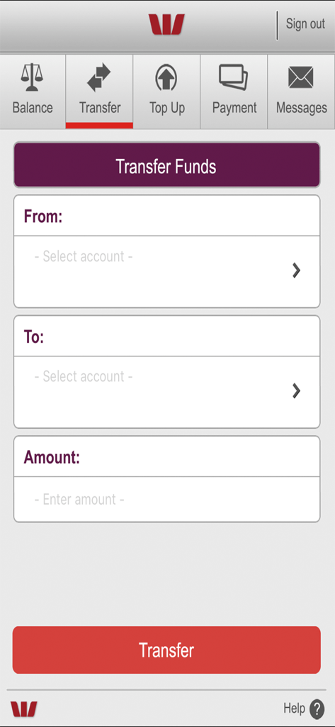 Westpac Fiji Mobile Banking app transfer funds screen showing from to and amount input fields