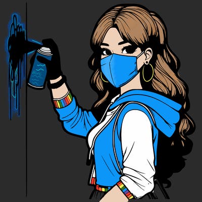 realistic girl with mask spray painting a wall