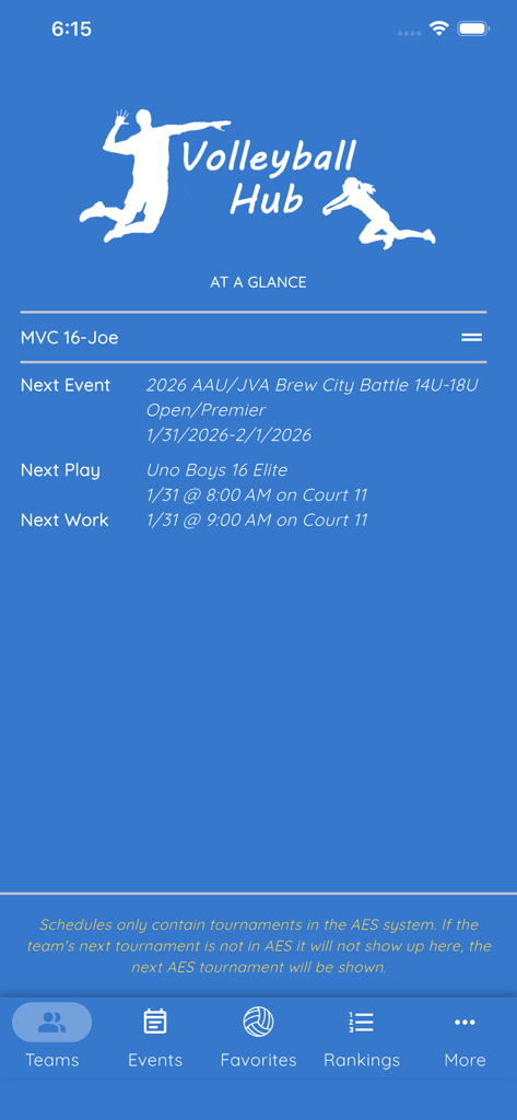 Volleyball Hub app screen displaying next play and work assignments for a club volleyball tournament.